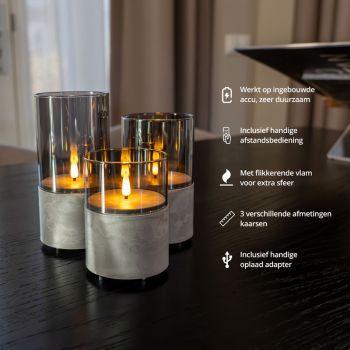 Luxe windlichten – smoked glass + 3 oplaadbare LED kaarsen