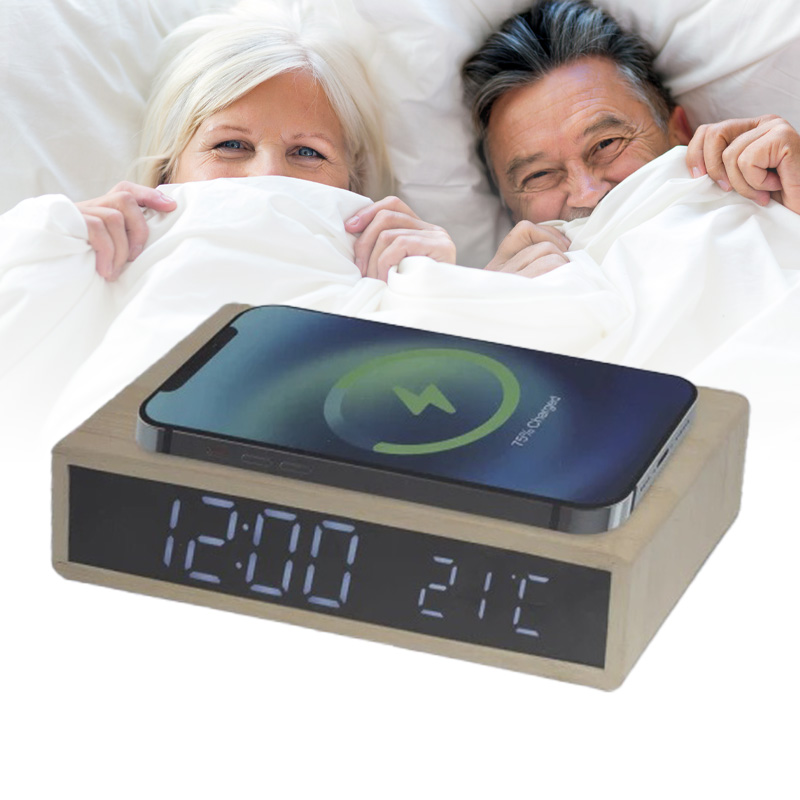 Draadloze Bamboo Alarmklok & Smartphone Oplader
